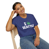 I Marijuana Seattle T Shirt worn by a smiling woman sitting on a chair, showcasing the graphic design.