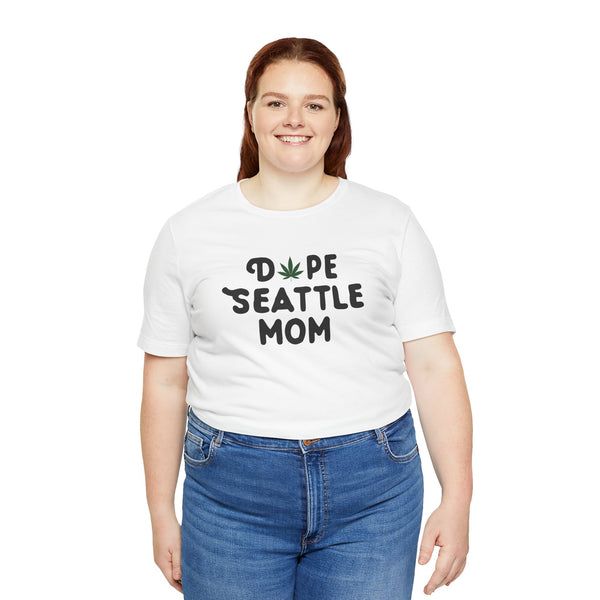 Model wearing Dope Seattle Mom Premium Soft Tee with playful marijuana leaf design, perfect for Seattle moms.