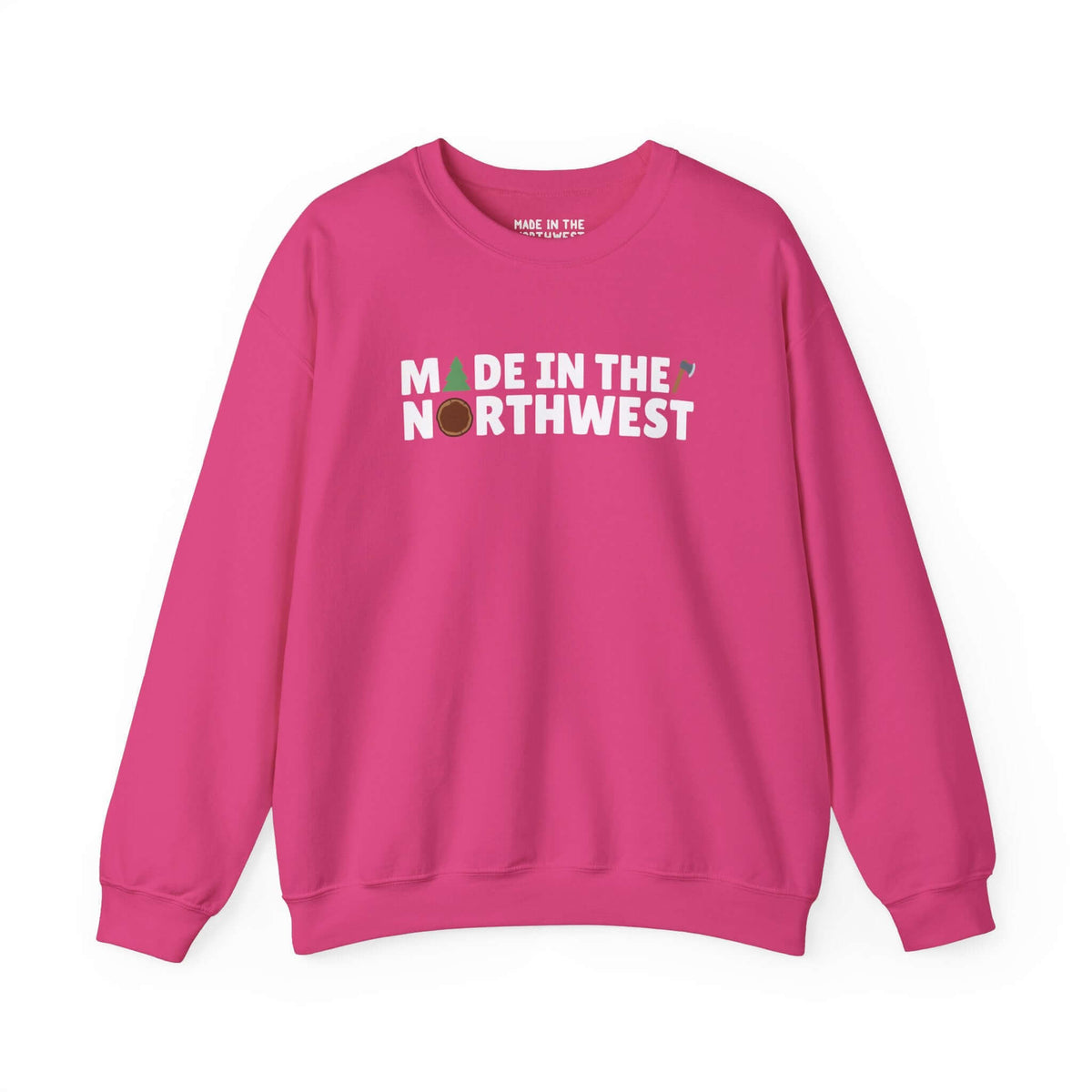 Pink Northwest Woodlands sweatshirt with "Made in the Northwest" design, perfect for nature lovers and PNW enthusiasts.