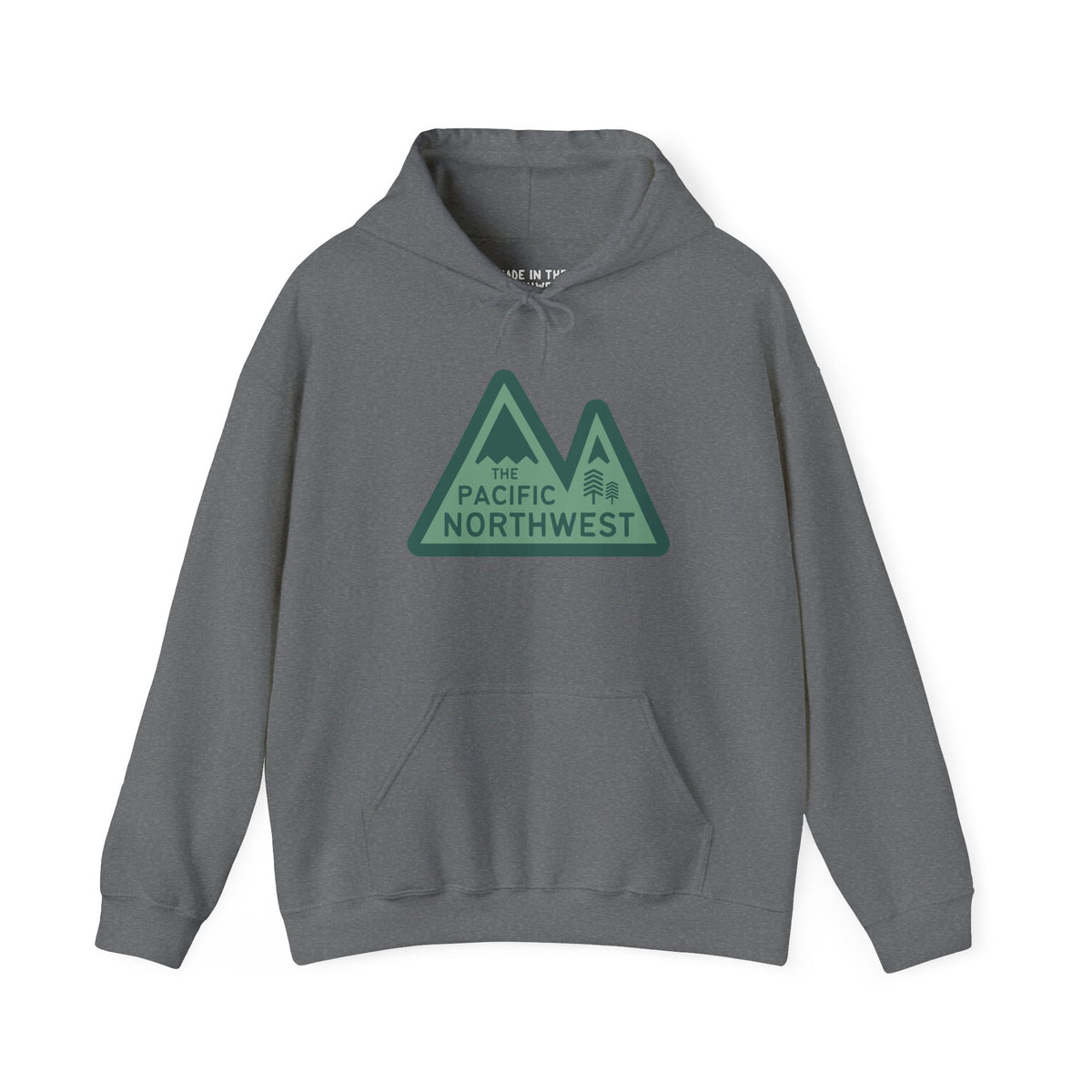 Gray hoodie featuring 'The Pacific Northwest' design with mountains and trees, perfect for outdoor enthusiasts.