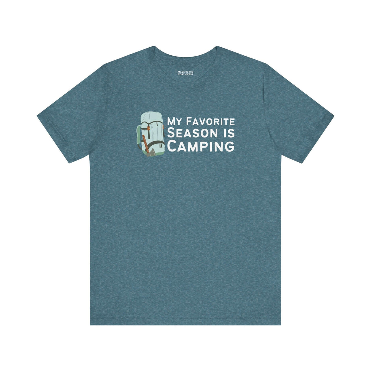 My Favorite Season is Camping Tee featuring a backpack design on a blue shirt perfect for outdoor enthusiasts.