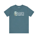My Favorite Season is Camping Tee featuring a backpack design on a blue shirt perfect for outdoor enthusiasts.