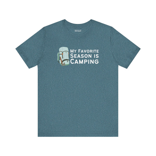 My Favorite Season is Camping Tee featuring a backpack design on a blue shirt perfect for outdoor enthusiasts.