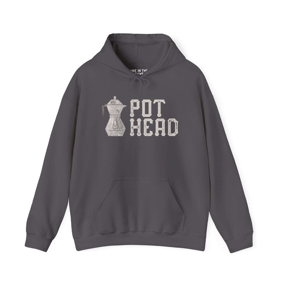 Moka Pot Madness Coffee Hoodie with Pot Head graphic, perfect for espresso lovers and fans of traditional brewing methods.