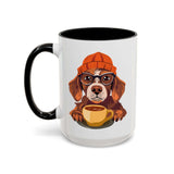 Hipster Dog Mug featuring a dog in a hat and glasses holding a coffee cup, perfect for dog lovers.