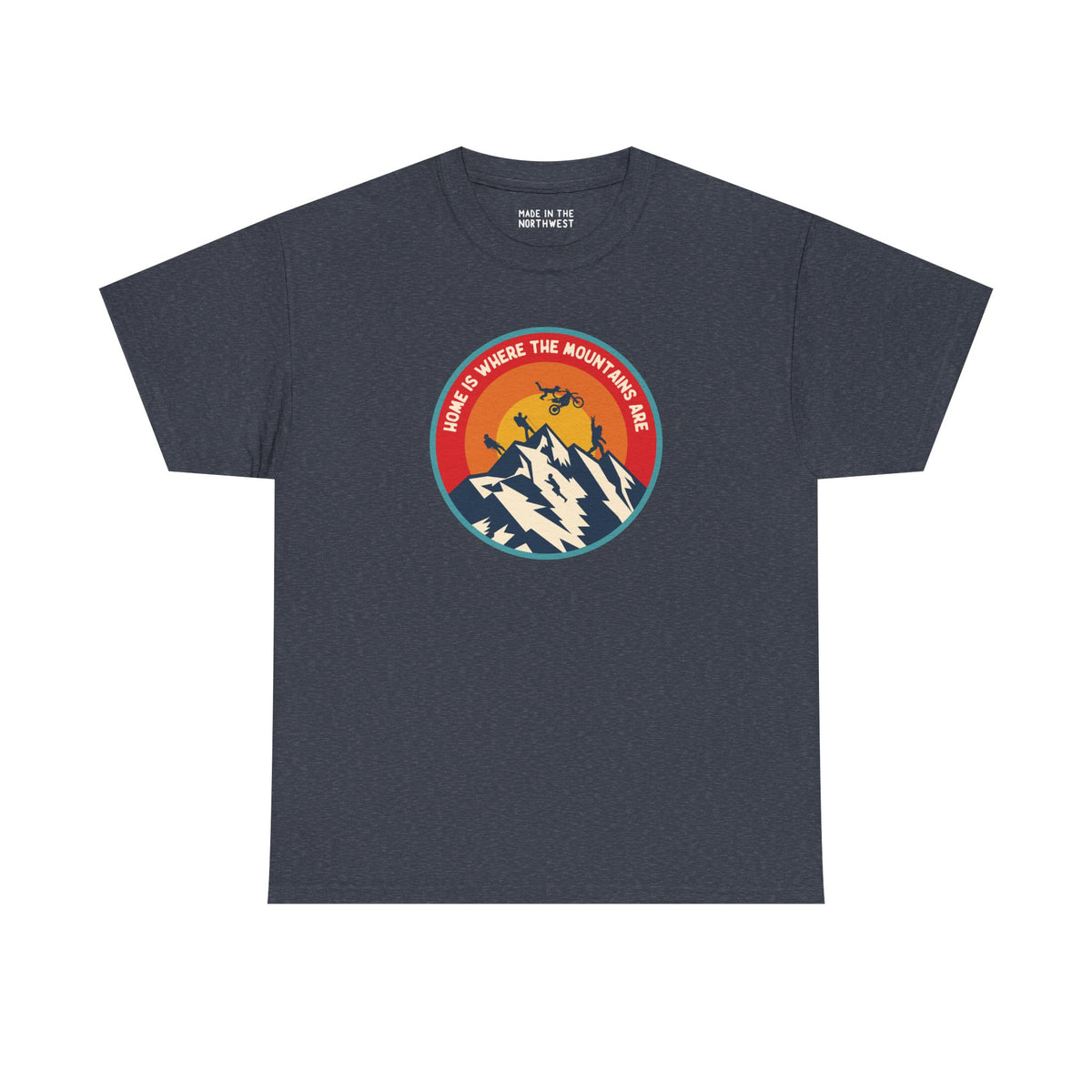 Home is Where the Mountains Are athletic tee featuring colorful PNW design with mountains and sun.