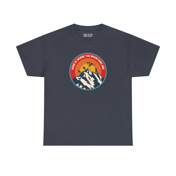 Home is Where the Mountains Are athletic tee featuring colorful PNW design with mountains and sun.