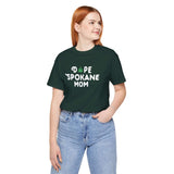 Model wearing a dark green 'Dope Spokane Mom' tee with a marijuana leaf graphic, showcasing local pride and style.
