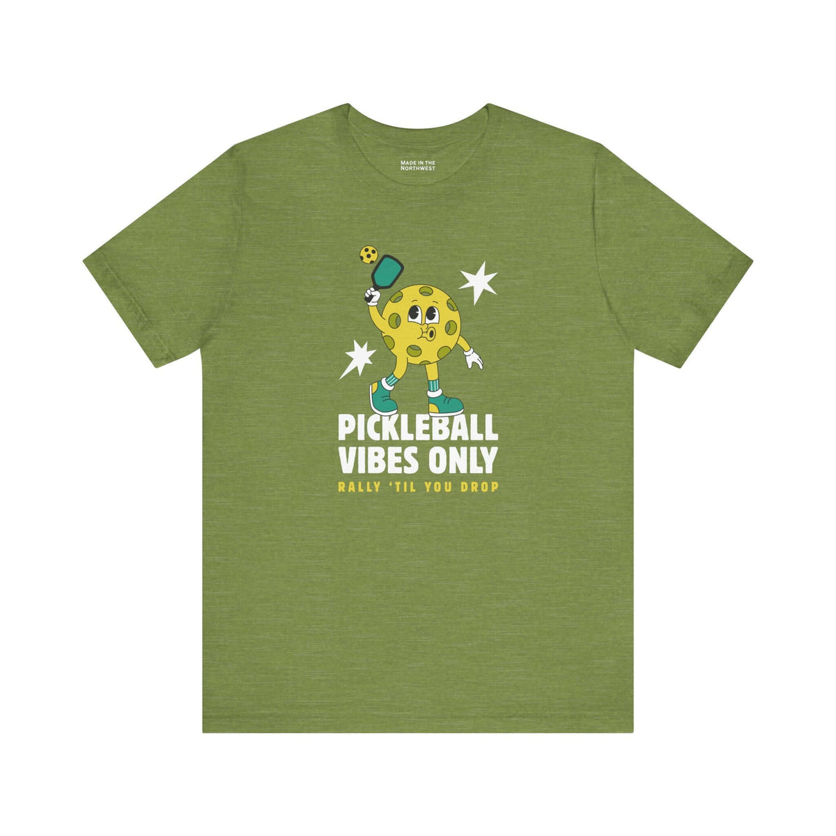 Pickleball Vibes Only T Shirt featuring a retro pickleball character in an olive green color.