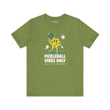 Pickleball Vibes Only T Shirt featuring a retro pickleball character in an olive green color.