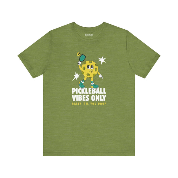 Pickleball Vibes Only T Shirt featuring a retro pickleball character in an olive green color.