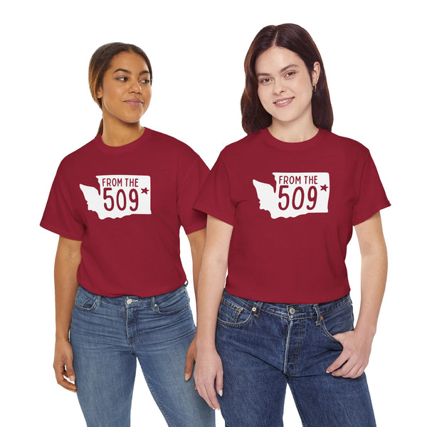 Two women wearing 'From the 509' Washington State tees, showcasing Spokane pride and local love.