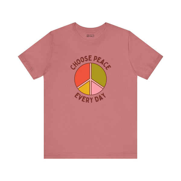 Choose Peace Every Day premium soft tee featuring a colorful peace symbol on a pink shirt.