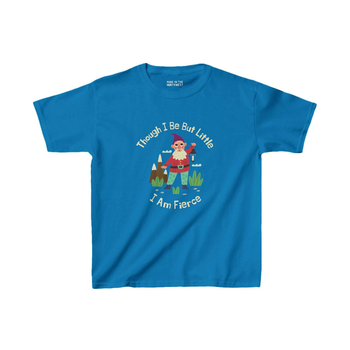 Blue kids' tee with gnome and "Though I Be But Little, I Am Fierce" text, inspired by A Midsummer Night's Dream.