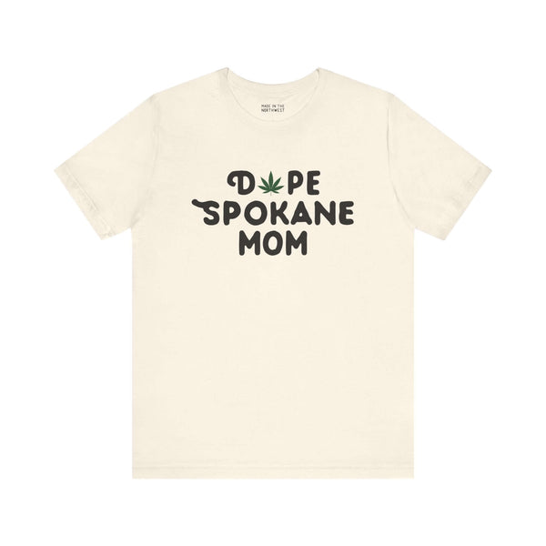 Dope Spokane Mom soft tee with marijuana leaf design on white background, perfect for stylish moms in Washington state.