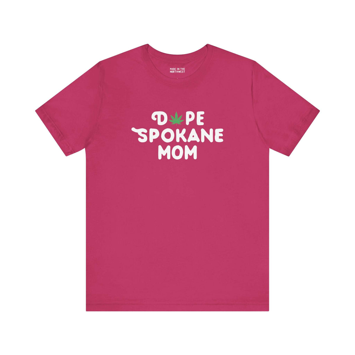 Dope Spokane Mom premium soft tee in fuchsia with playful marijuana leaf graphic, perfect for cool moms in Washington.