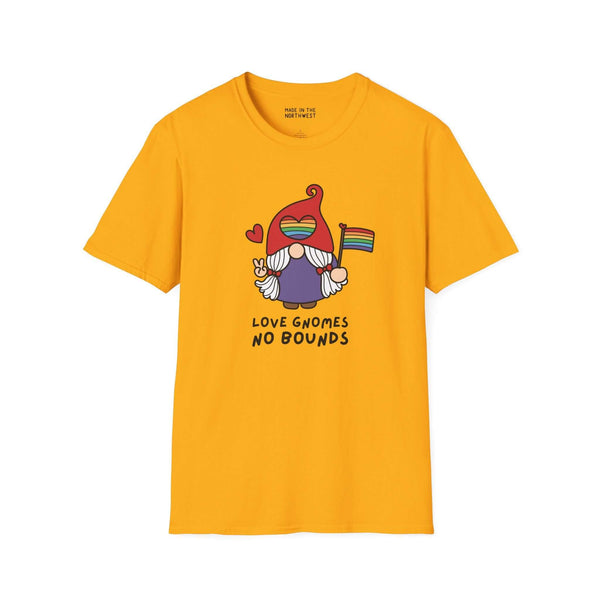 Love Gnomes No Bounds Pride Softstyle T-Shirt featuring a gnome with a rainbow flag on a yellow background.