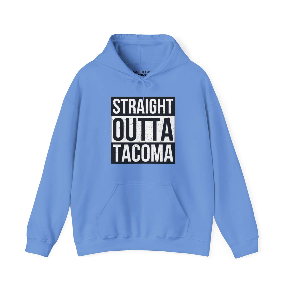 Light blue hoodie with "Straight Outta Tacoma" design, inspired by streetwear style, showcasing local pride and city love.