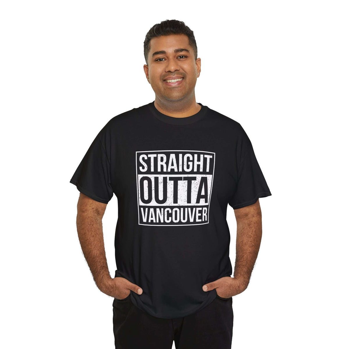 Man wearing "Straight Outta Vancouver" athletic tee, showcasing local pride with a streetwear style.