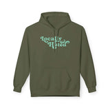 Locally Hated hoodie in olive green with cheeky retro script design, perfect for relaxed comfort.