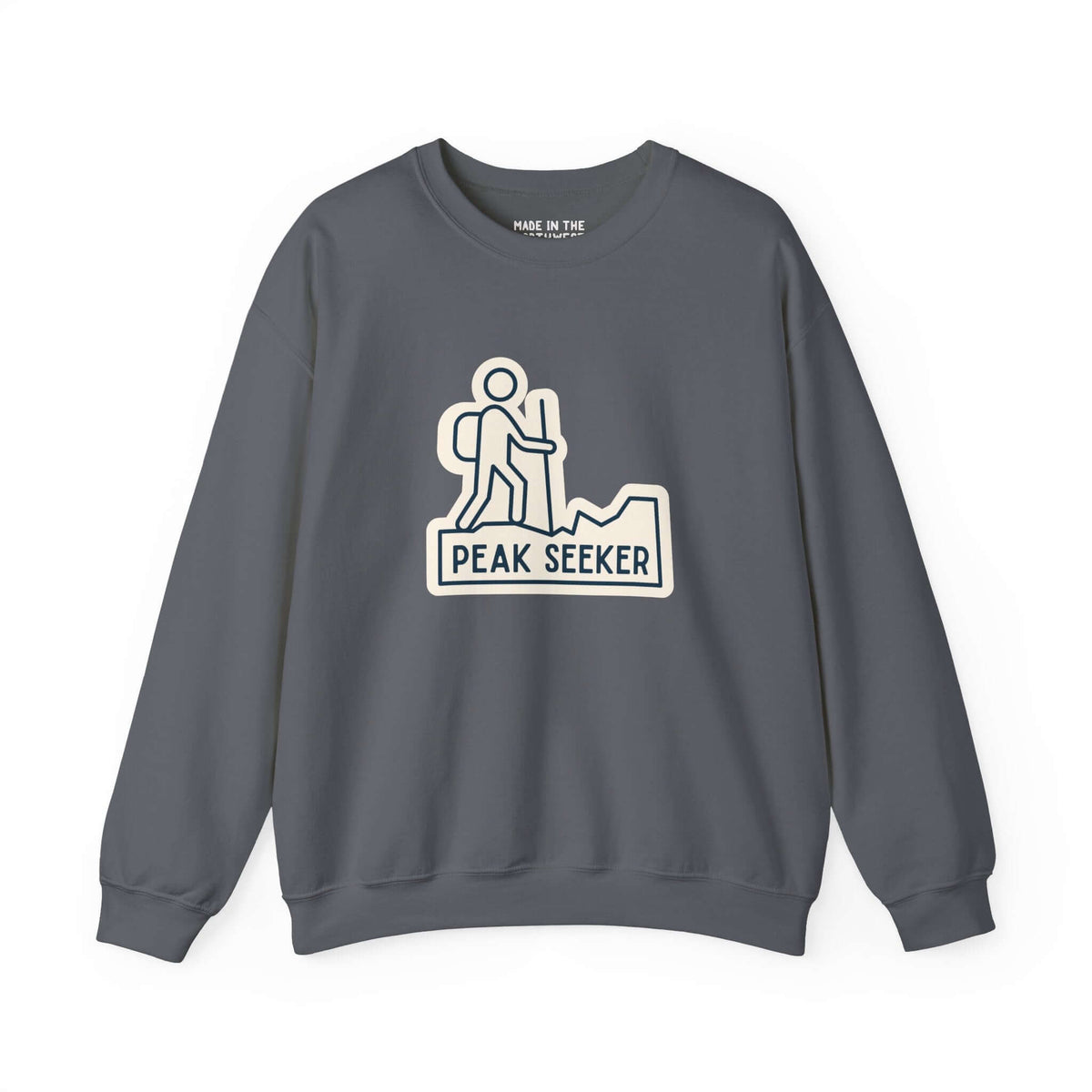 Gray Peak Seekers sweatshirt with hiking graphic, perfect for outdoor lovers and mountain enthusiasts.