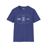 Venn diagram t-shirt featuring Serial Killers, Moms, and people who collect hair and teeth in humorous design.