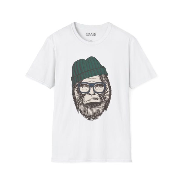 Hipster Squatch Softstyle T-Shirt featuring Sasquatch in a beanie and glasses, perfect for stylish Bigfoot enthusiasts.