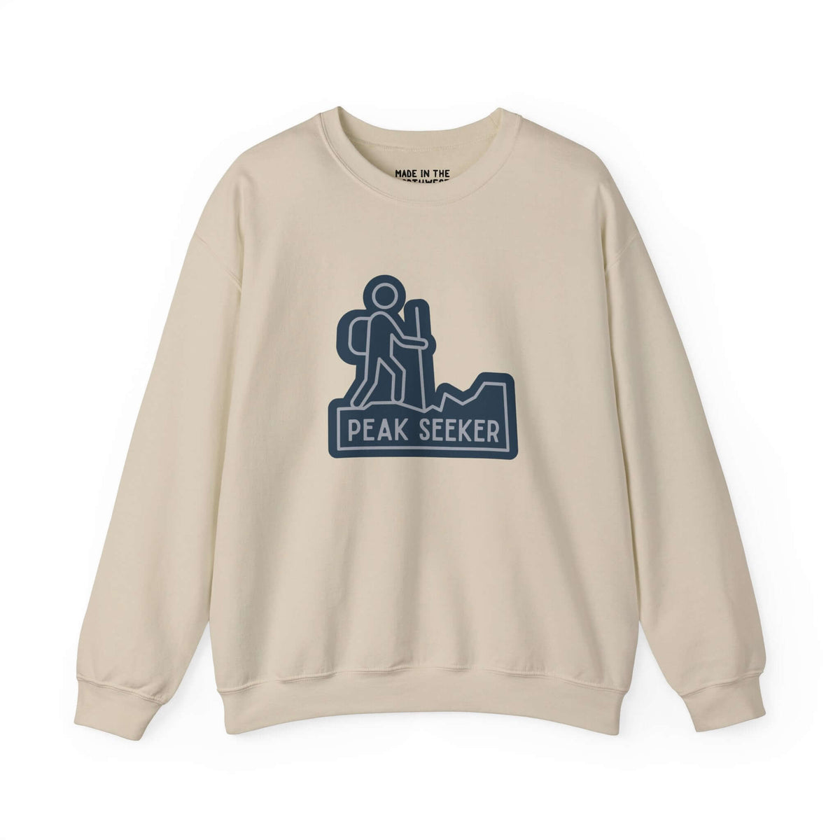 Cream crewneck sweatshirt with hiking graphic and 'Peak Seeker' text, perfect for outdoor lovers.