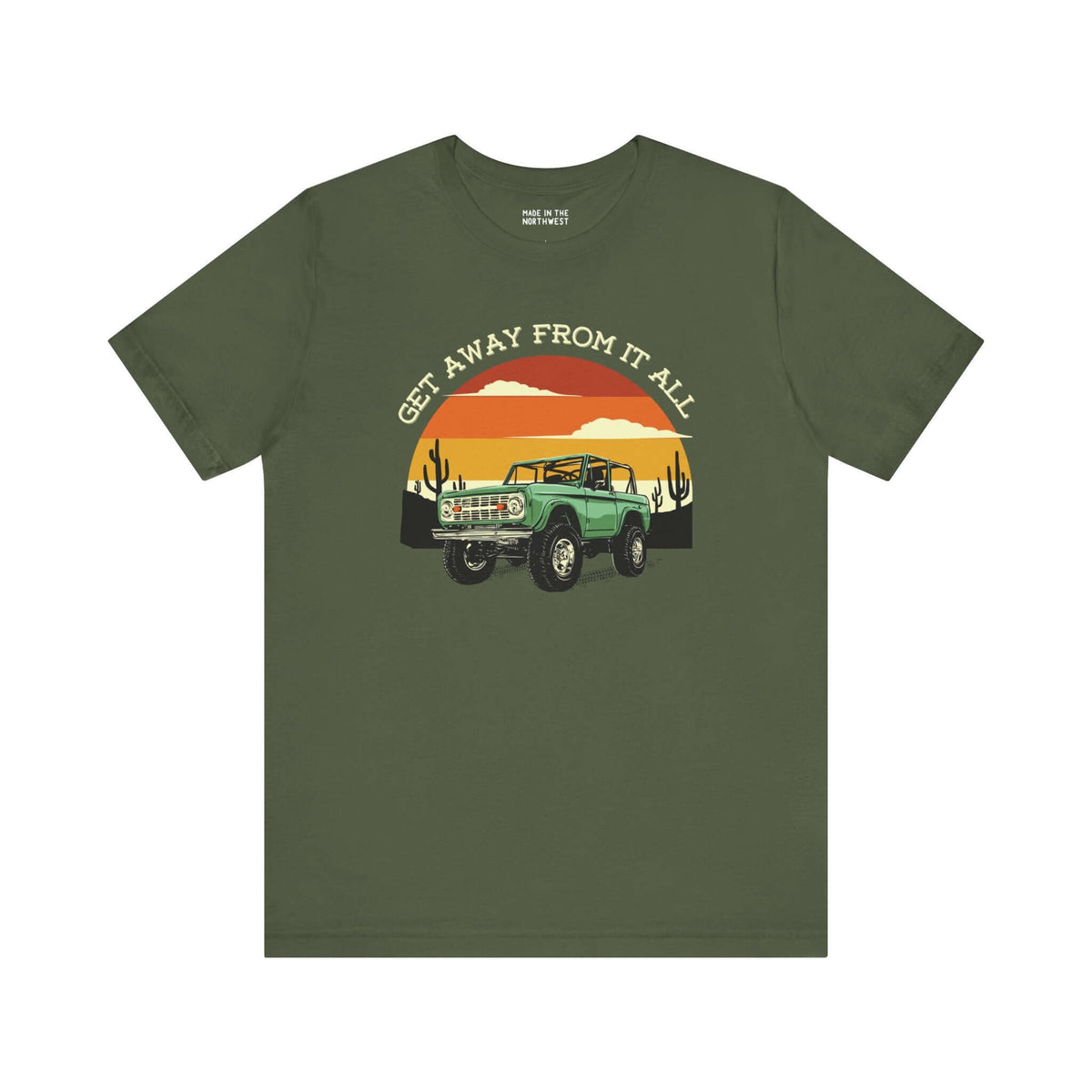 Vintage Bronco tee shirt in olive green with sunset design, perfect for adventure and escaping the daily grind.