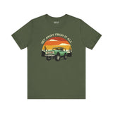 Vintage Bronco tee shirt in olive green with sunset design, perfect for adventure and escaping the daily grind.