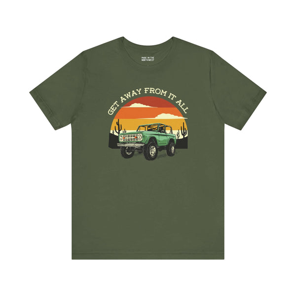 Vintage Bronco tee shirt in olive green with sunset design, perfect for adventure and escaping the daily grind.