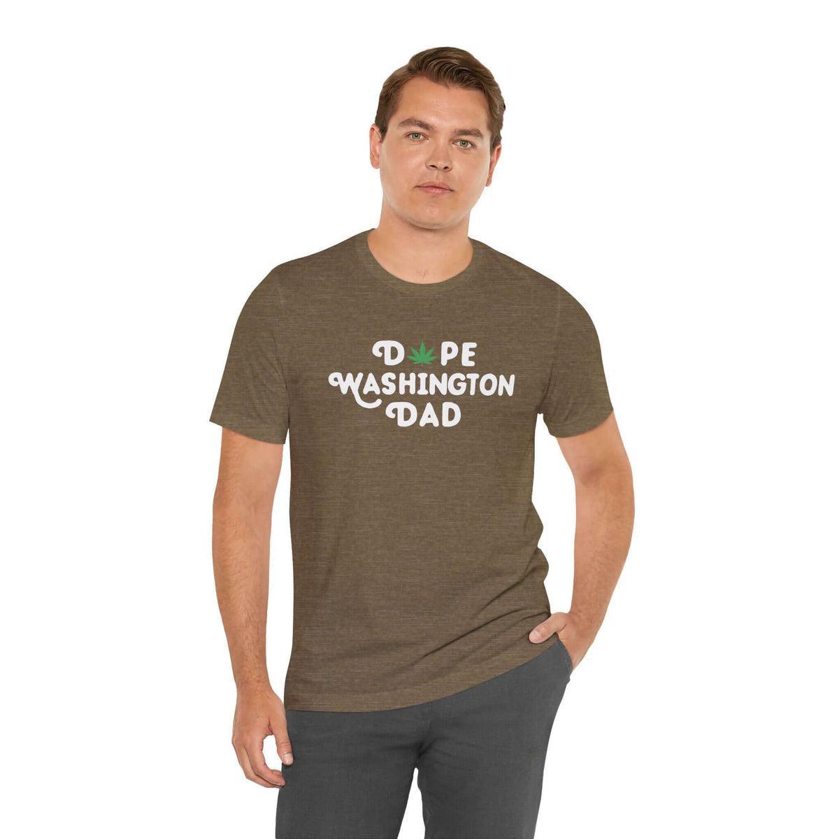 Man wearing Dope Washington Dad Soft Tee with marijuana leaf design, perfect for laid-back dads in Washington.