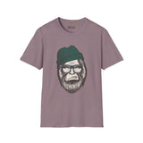 Hipster Squatch unisex softstyle t-shirt featuring Sasquatch in a beanie and glasses, perfect for trendy Bigfoot lovers.