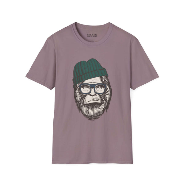 Hipster Squatch unisex softstyle t-shirt featuring Sasquatch in a beanie and glasses, perfect for trendy Bigfoot lovers.