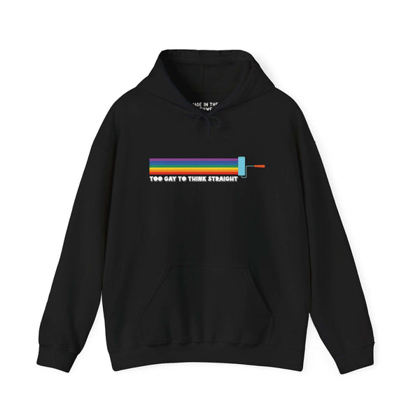 Too Gay To Think Straight hoodie featuring a colorful paint roller design on a black sweatshirt.