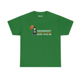 Green Halloween tee with skeleton gnome and balloons, text 