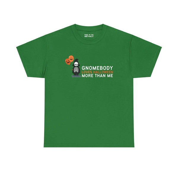 Green Halloween tee with skeleton gnome and balloons, text "Gnomebody Loves Halloween More Than Me" for festive gnome enthusiasts.