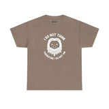 Brown athletic tee featuring Bigfoot face and the text 'I Do Not Think Therefore I Do Not Am'.