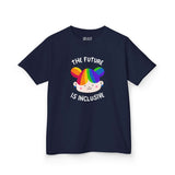 Navy kids' tee with 'The Future is Inclusive' message and colorful character design, promoting kindness and acceptance.
