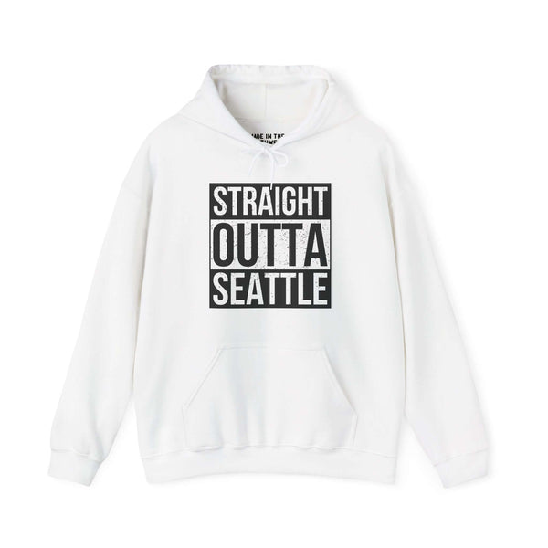 White "Straight Outta Seattle" hoodie with bold black lettering, showcasing city pride in streetwear style.