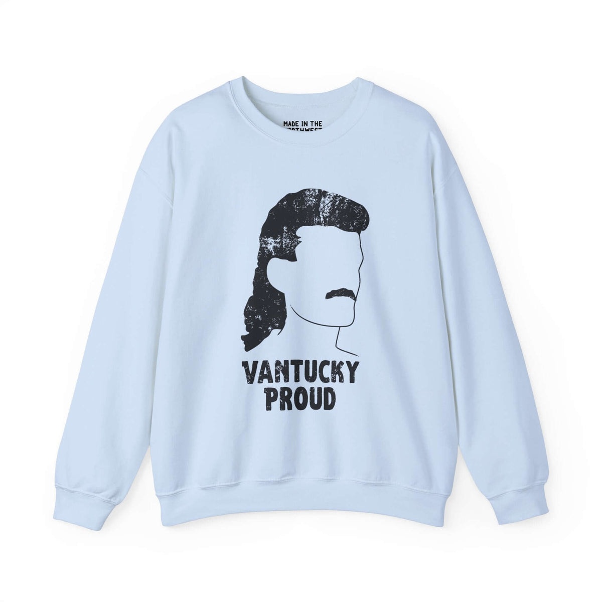 Light blue sweatshirt featuring a silhouette design with the text "Vantucky Proud," inspired by Billy Ray's bold personality.