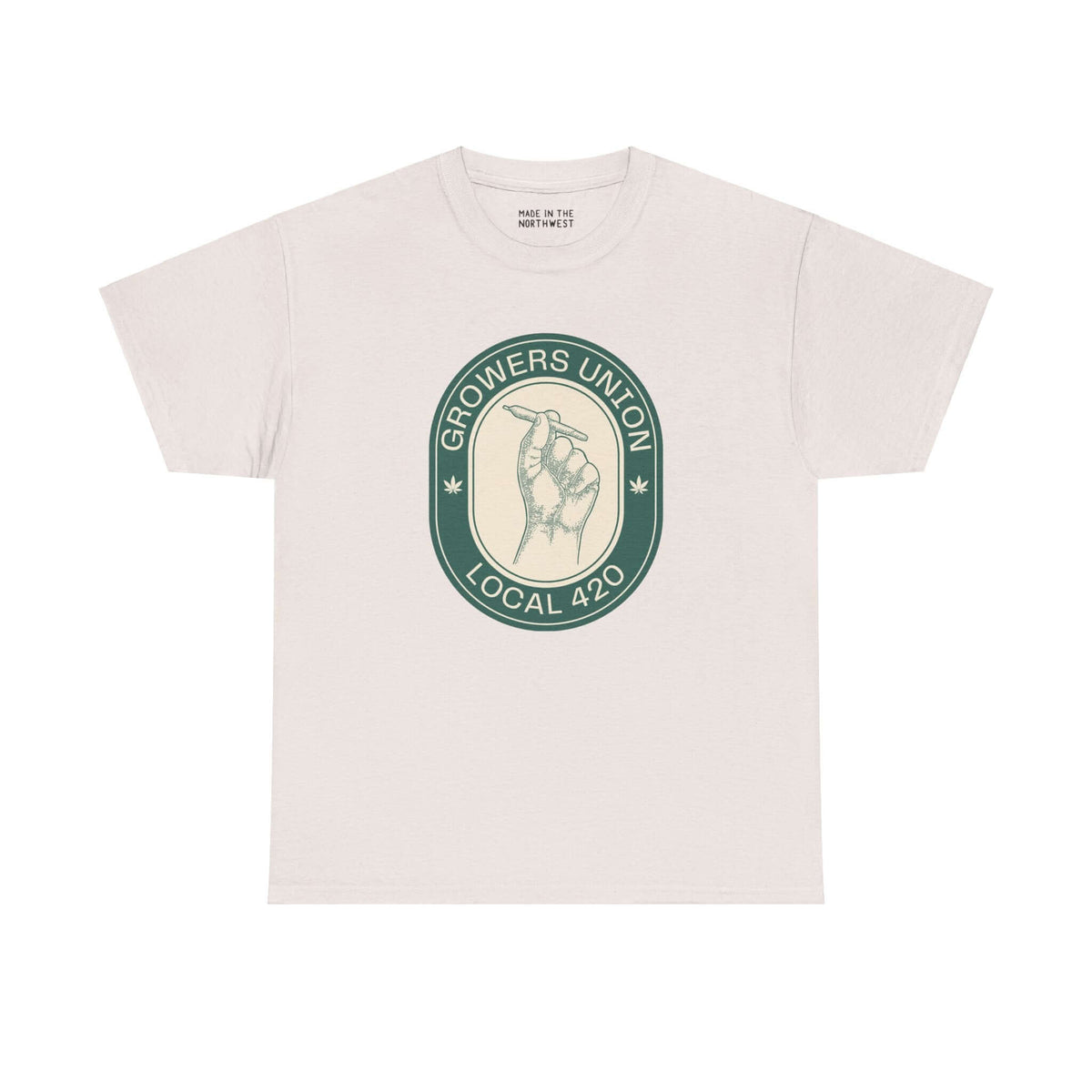 Grower's Union Local 420 Athletic Tee with hand holding a joint illustration, celebrating 420 culture.