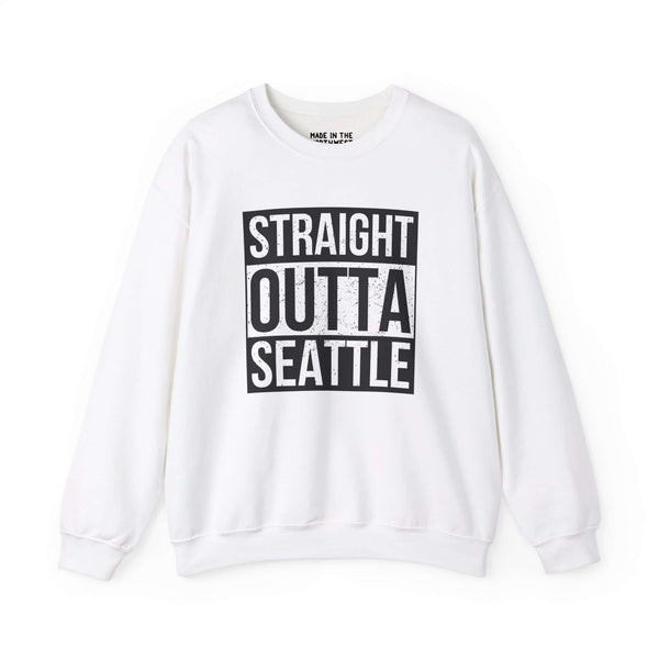 White "Straight Outta Seattle" sweatshirt with bold black text, embodying urban streetwear style and city pride.