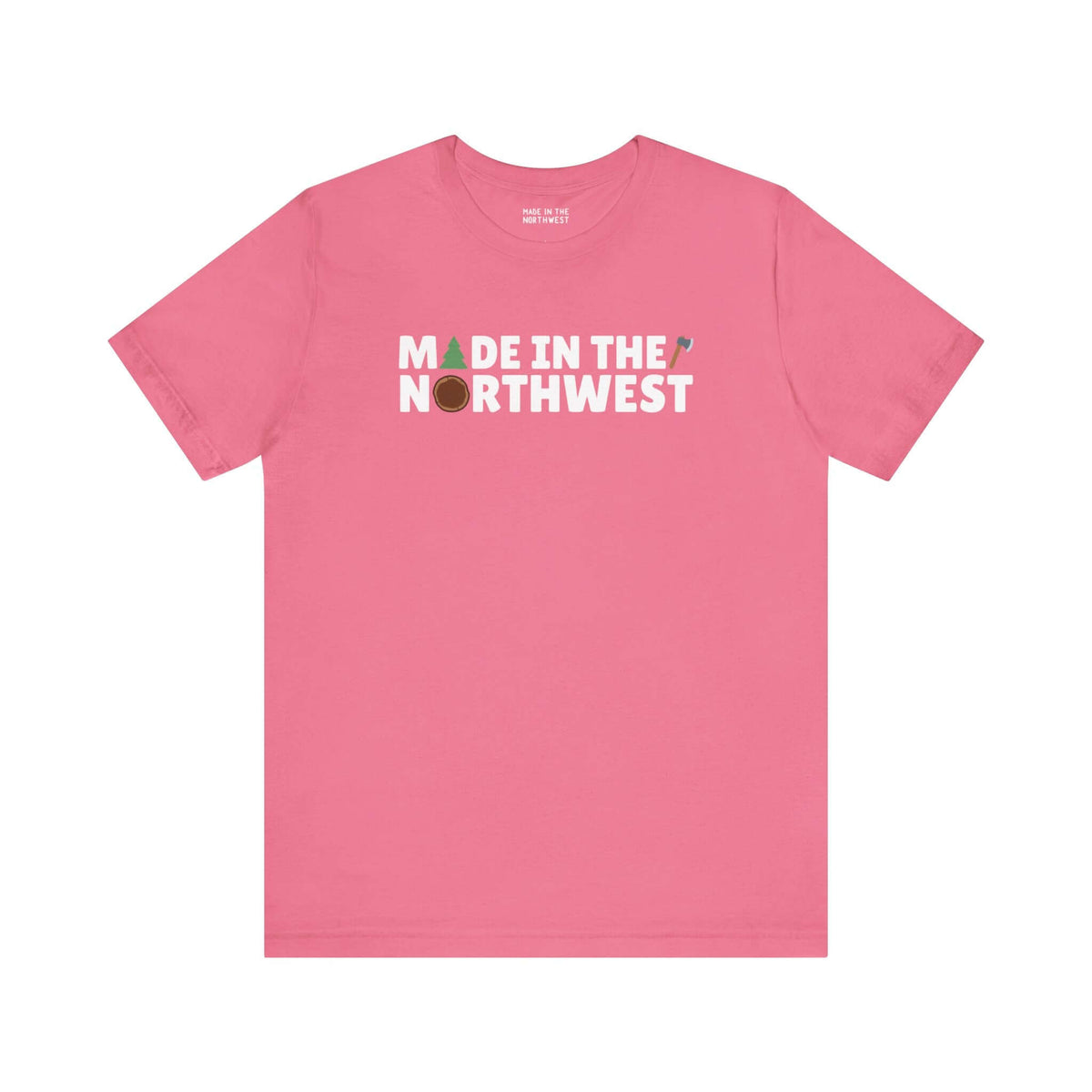 Pink Northwest Woodlands soft tee with "Made in the Northwest" text, featuring tree and log designs, perfect for nature lovers.