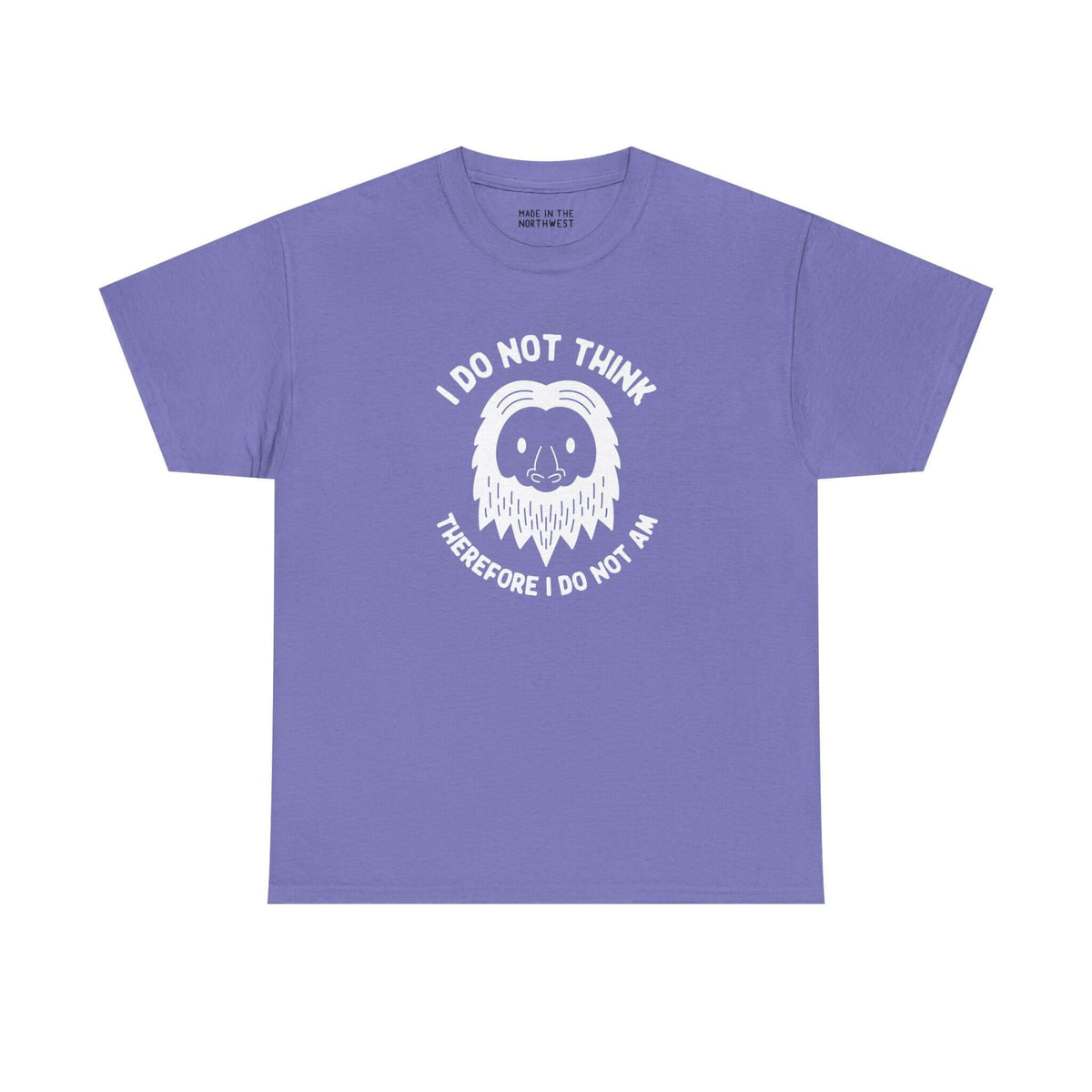 I Do Not Think Sasquatch tee in purple with playful Bigfoot design and philosophical text.