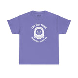 I Do Not Think Sasquatch tee in purple with playful Bigfoot design and philosophical text.