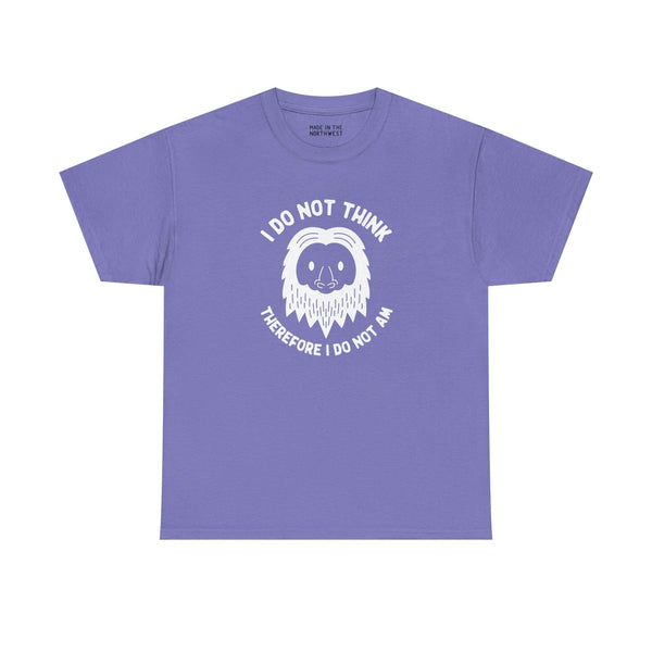 I Do Not Think Sasquatch tee in purple with playful Bigfoot design and philosophical text.