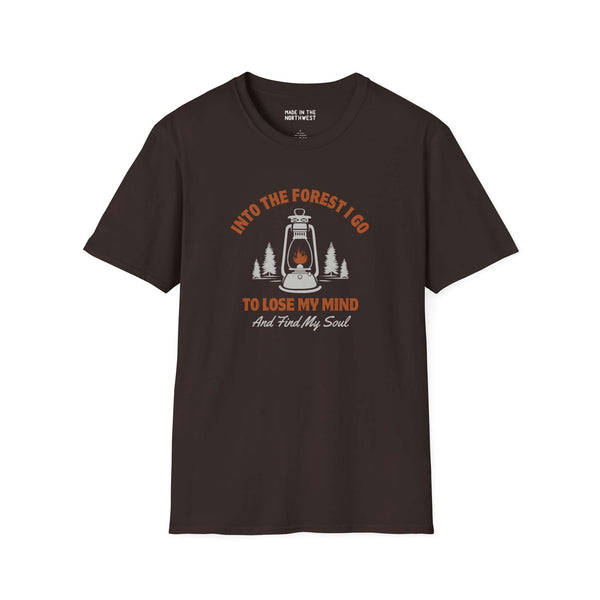 Dark t-shirt with 'Into the Forest I Go to Lose My Mind and Find My Soul' graphic, featuring lantern and trees design.