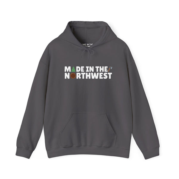 Cozy hoodie featuring the text 'Made in the Northwest' with nature-themed graphics, perfect for PNW enthusiasts.