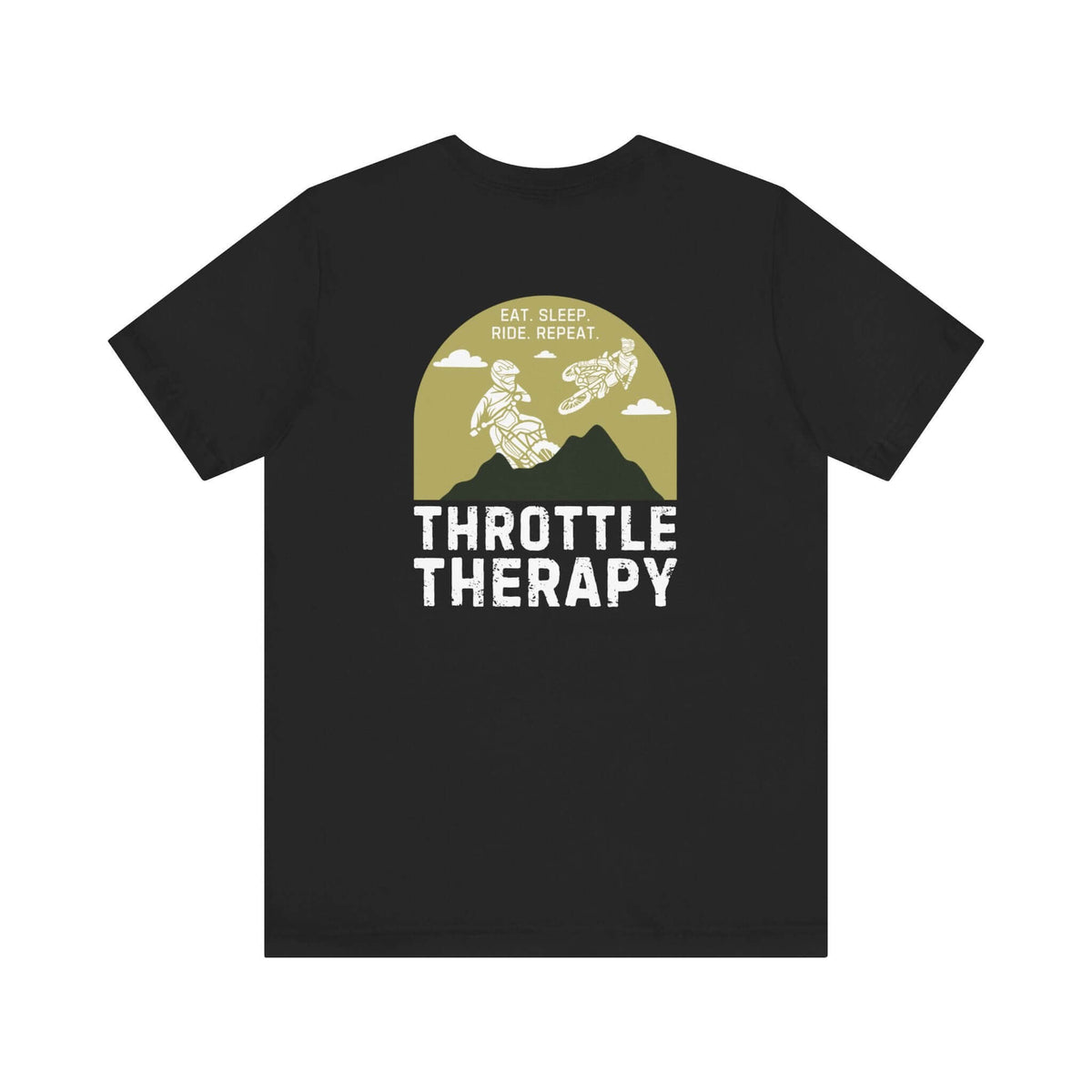 "Throttle Therapy soft tee with dirt bikers and mountain backdrop, perfect for motocross enthusiasts."